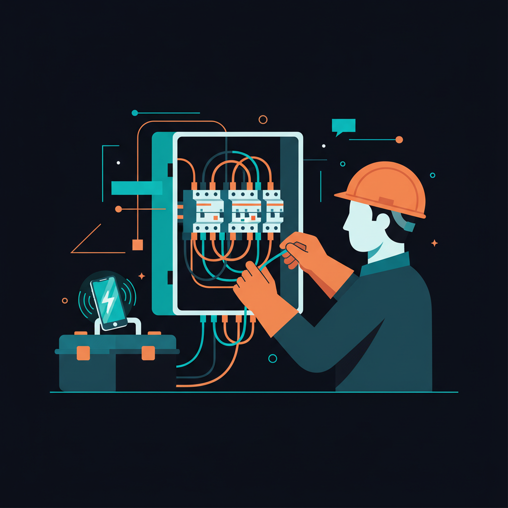 Electrician at electrical panel with phone on toolbox — AI receptionist handles emergency electrical calls