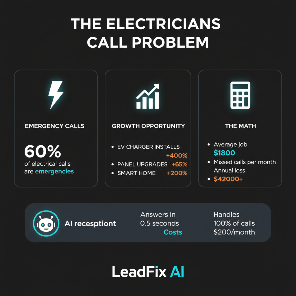Infographic: The electrician's call problem — 60% emergency calls, EV charger growth +400%, $42K+ annual loss