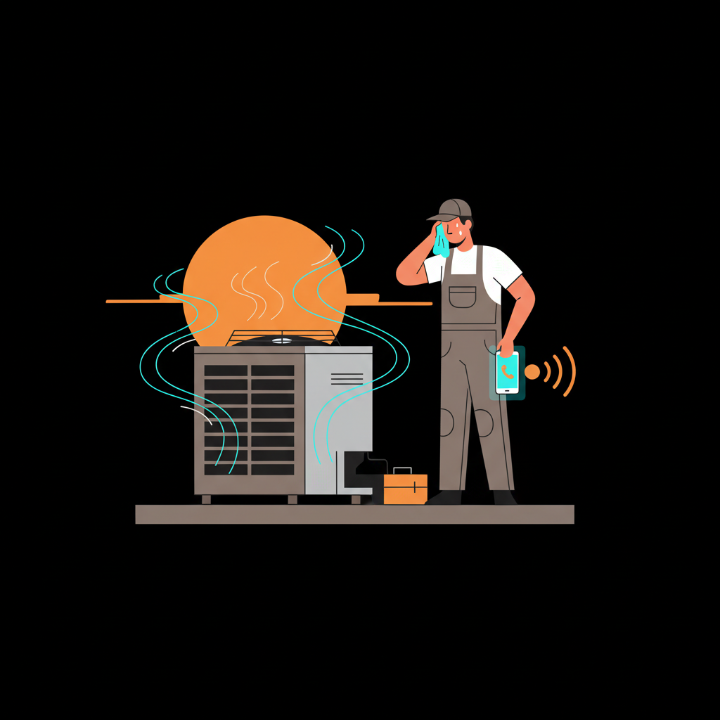 HVAC technician next to AC unit in extreme heat — AI receptionist captures emergency HVAC calls 24/7