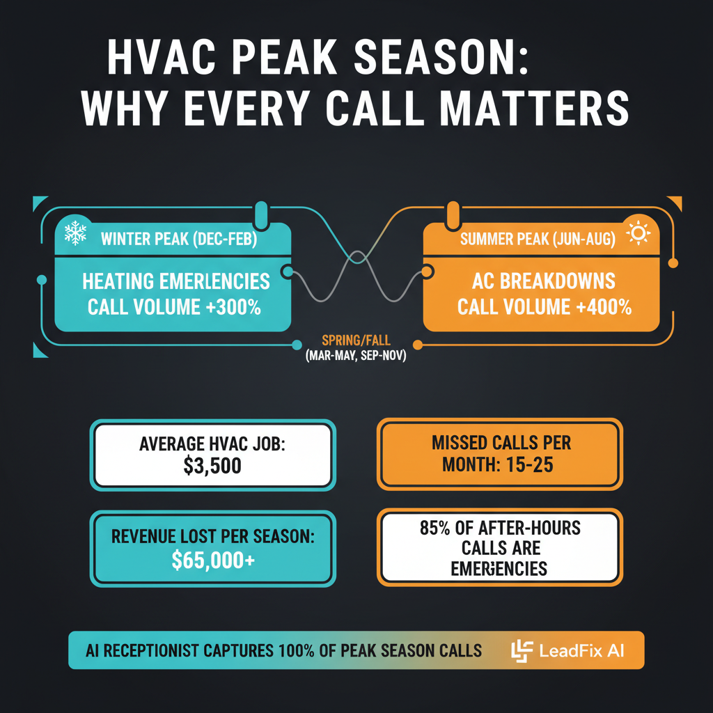 Infographic: HVAC peak season — why every call matters, call volume spikes +300-400%, $65K+ lost per season