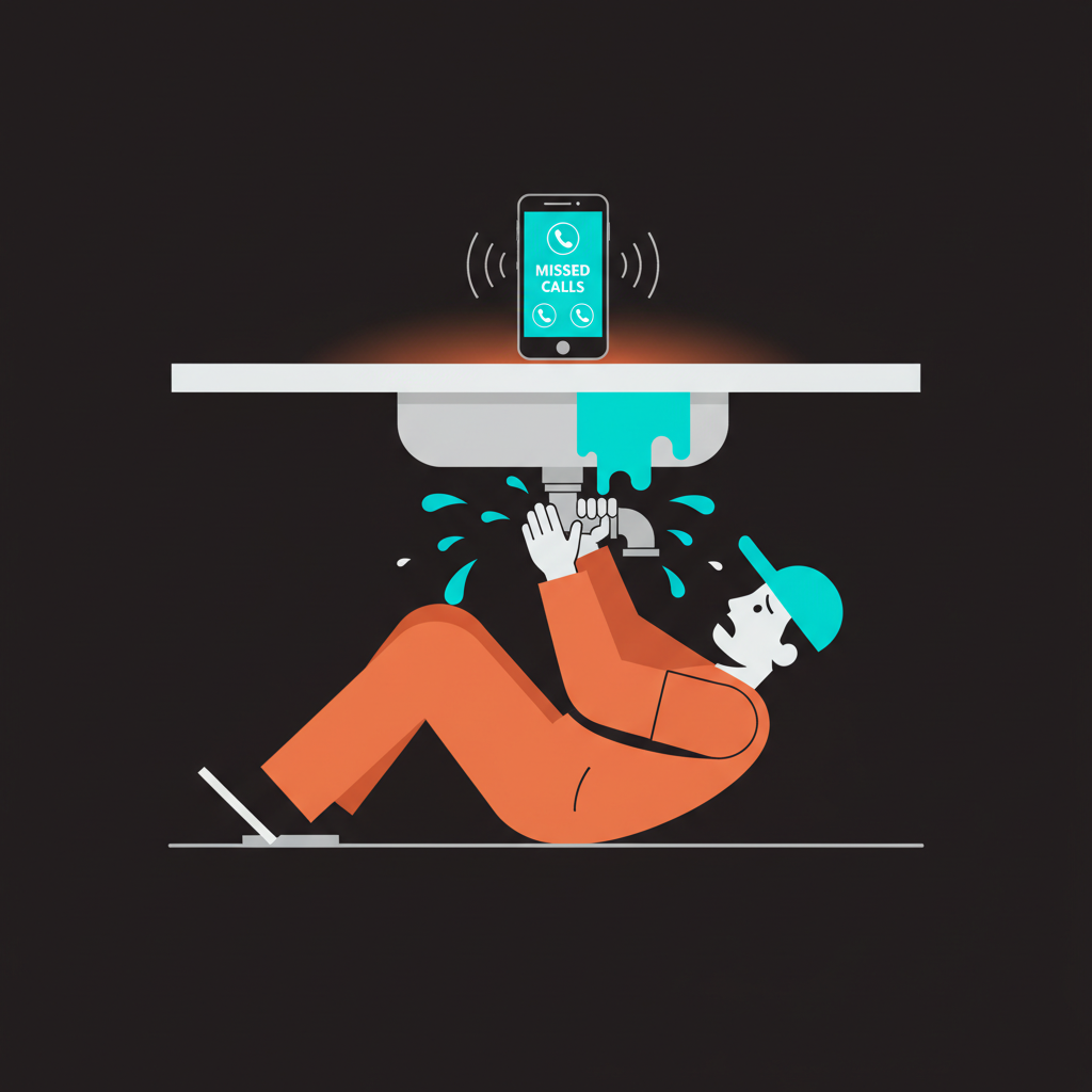 Plumber under a sink with phone buzzing — AI receptionist captures emergency plumbing calls 24/7