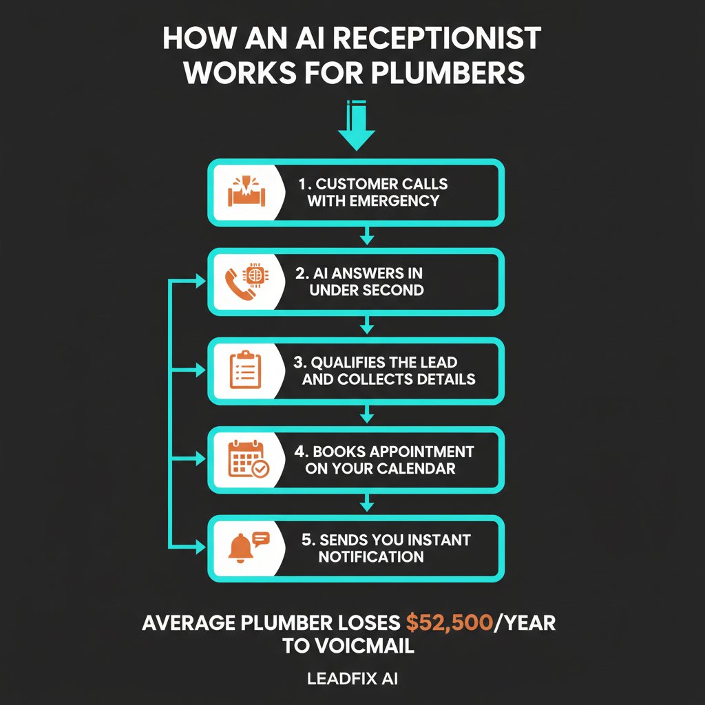 Infographic: How an AI receptionist works for plumbers — 5-step flow from emergency call to booked appointment
