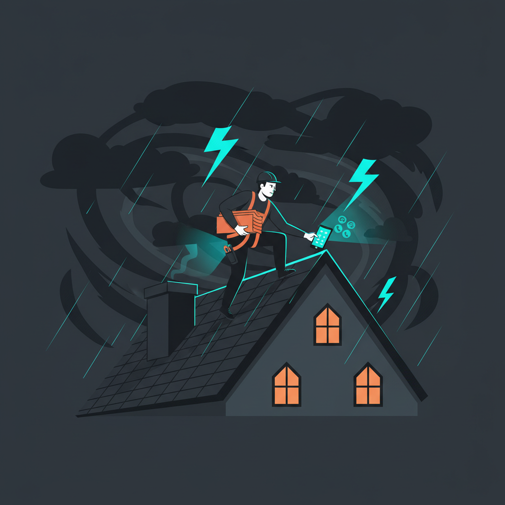 Roofer on a roof during storm season — AI receptionist captures every roofing lead automatically