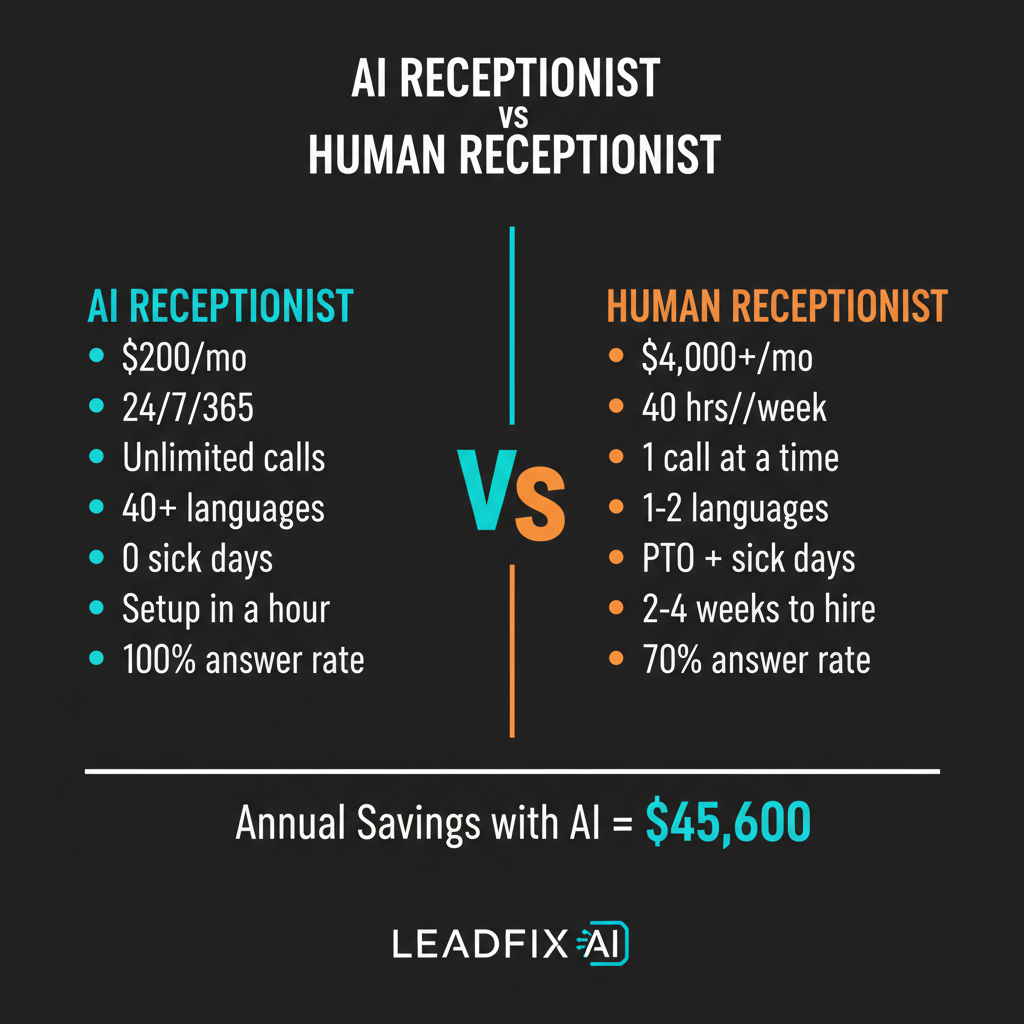 Infographic: AI receptionist vs human receptionist — $200/mo vs $4,000/mo, 24/7 vs 40hrs, annual savings $45,600