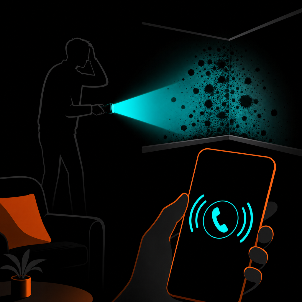 Homeowner finding mold while an AI answering service takes the call