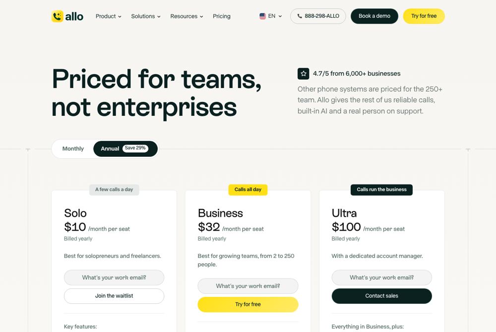 Allo pricing page for answering service plans, captured October 11, 2026