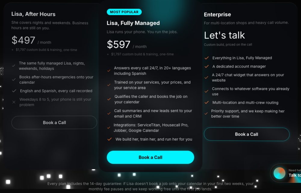 LeadFix AI answering service pricing: $497 after hours, $597 fully managed, enterprise custom