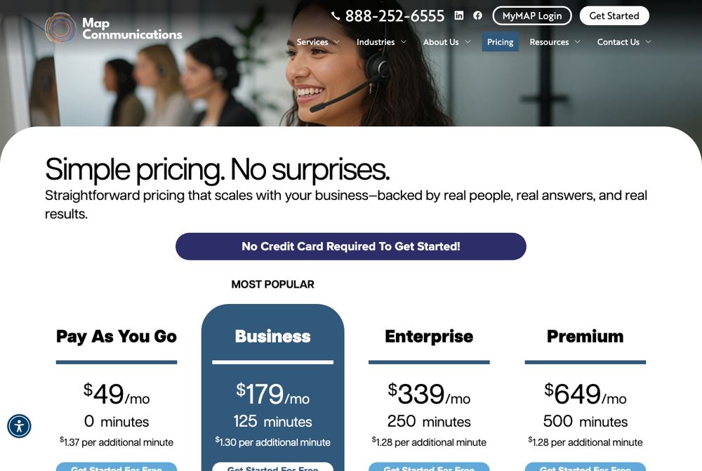 MAP Communications pricing page for answering service plans, captured October 11, 2026