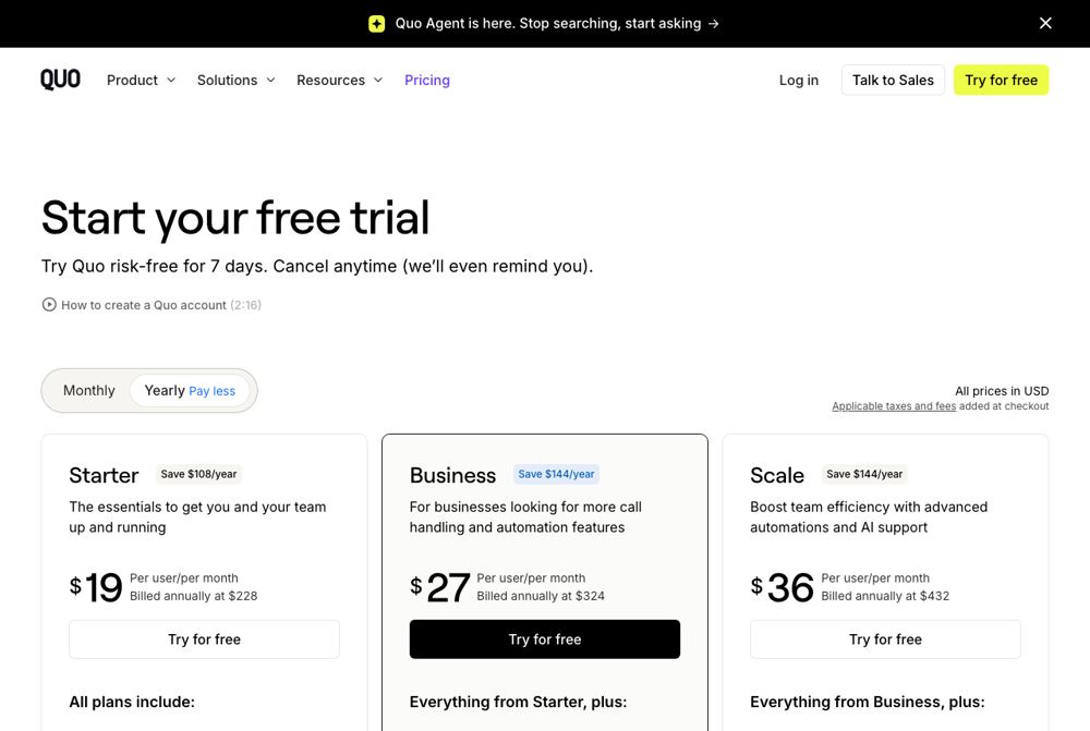 Quo pricing page for answering service plans, captured October 11, 2026