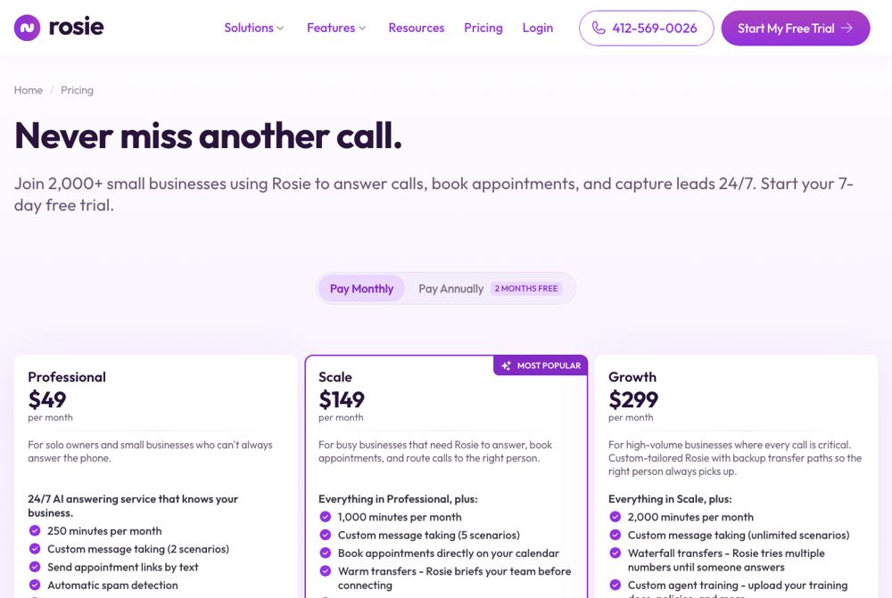 Rosie pricing page for answering service plans, captured October 11, 2026
