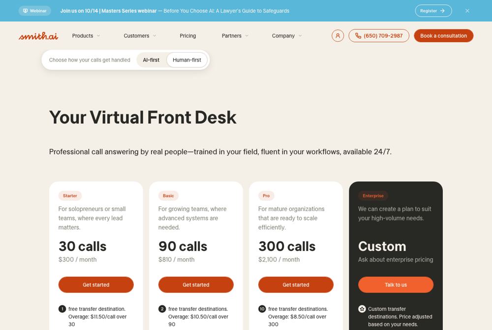 Smith.ai pricing page for answering service plans, captured October 11, 2026