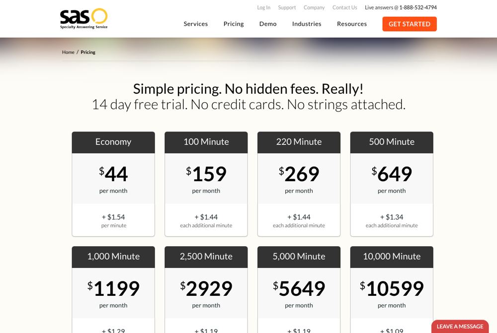 Specialty Answering Service pricing page for answering service plans, captured October 11, 2026