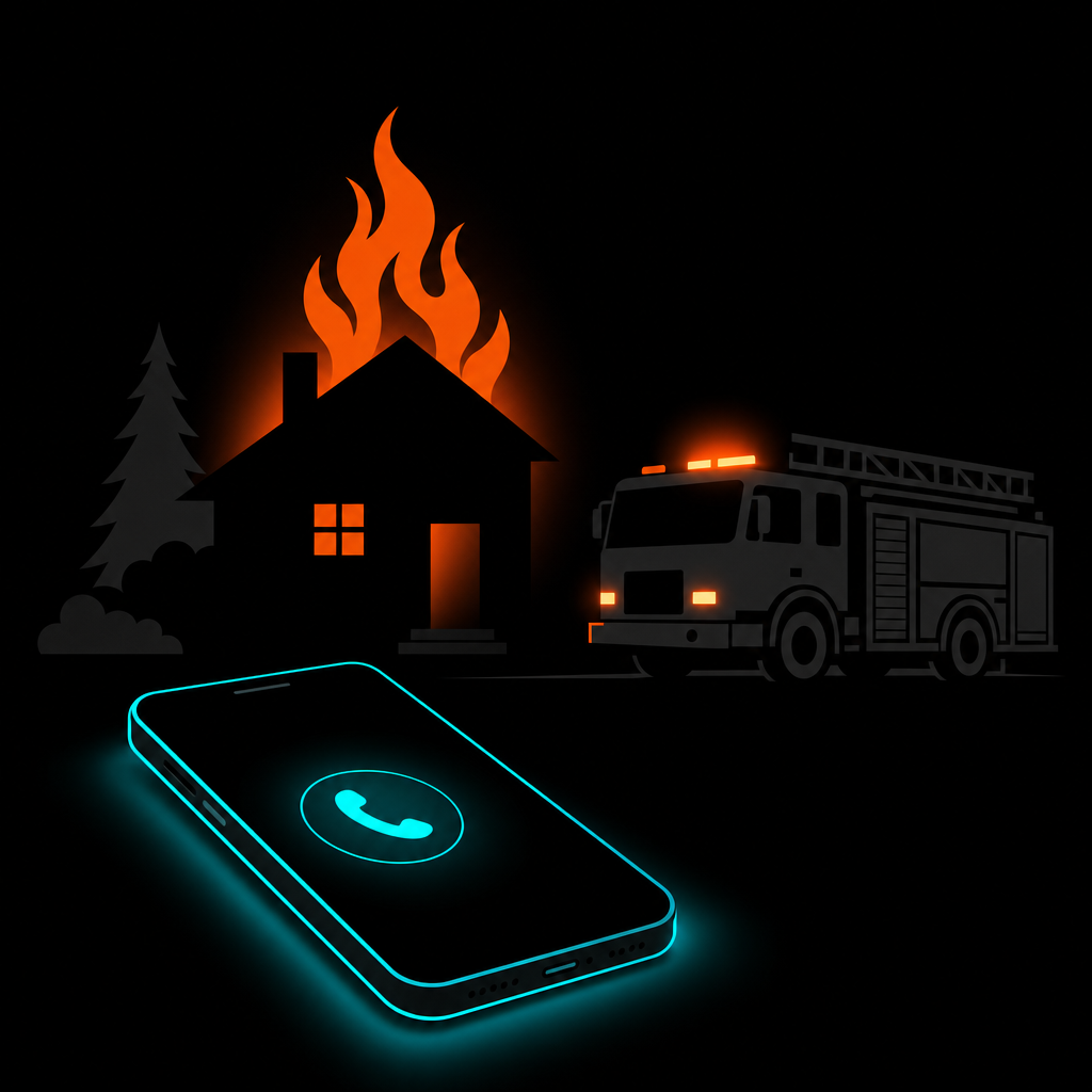 House fire at night with an answered emergency restoration call
