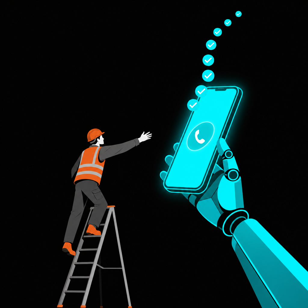 Contractor on a ladder while an AI assistant answers his phone
