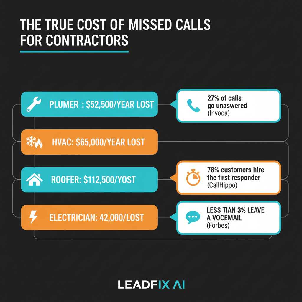 Infographic: The true cost of missed calls for contractors — plumbers lose $52,500/year, HVAC $65,000, roofers $112,500, electricians $42,000