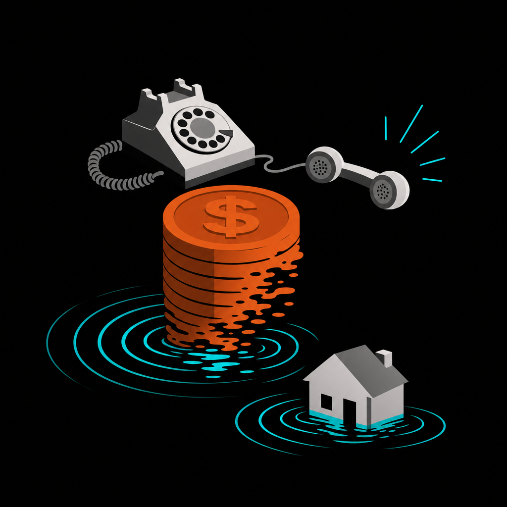 Money eroding into water below an unanswered phone, the cost of missed restoration calls