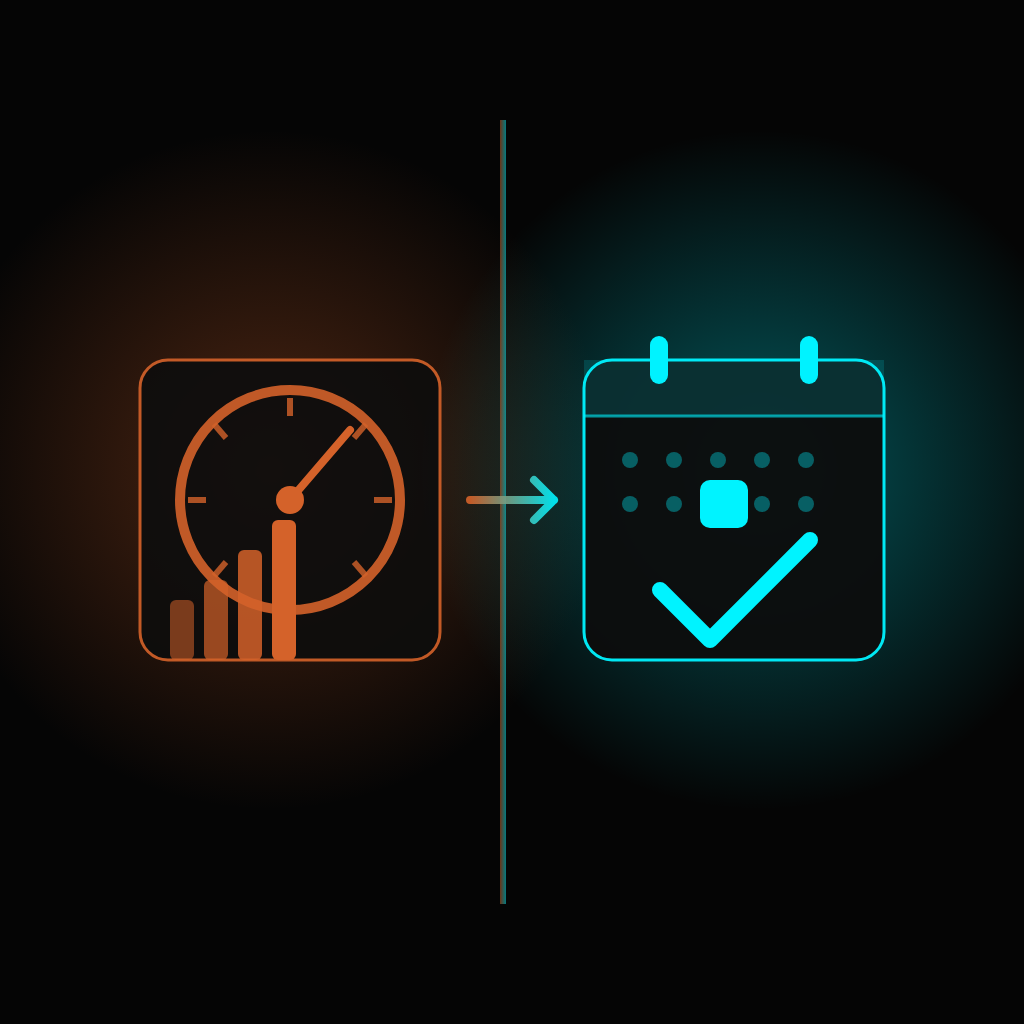 A per-call meter with a climbing needle next to a flat-rate calendar with a booked appointment checked off
