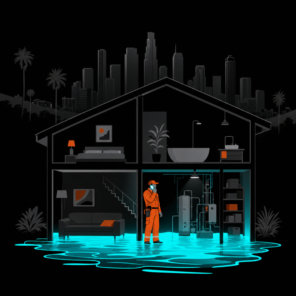 Flooded Los Angeles home with a restoration tech answering the phone