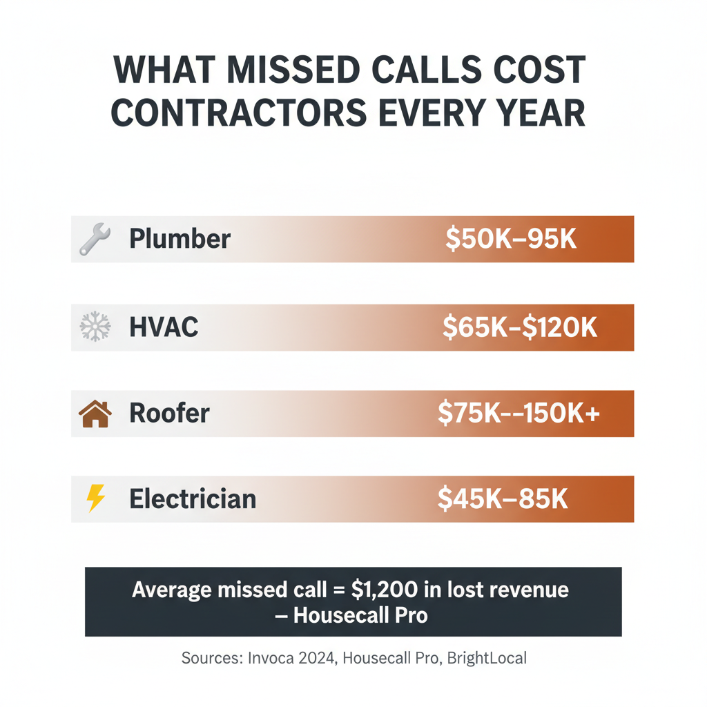 Infographic comparing the cost of missed calls vs hiring a receptionist vs AI receptionist for contractors